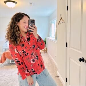 Anthropologie John Mark Pink Floral Linen Long Sleeve Top Blouse Small